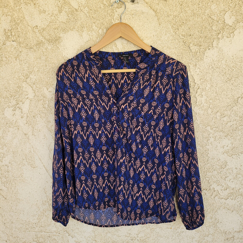 Forever 21 Geometric Print Shirt Blouse Blue Size S
